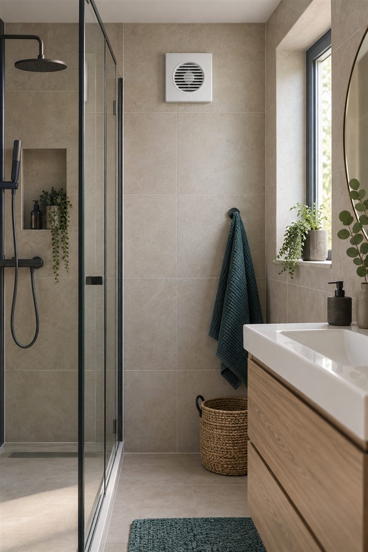 Badkamerventilator aan de wand van een compacte badkamer