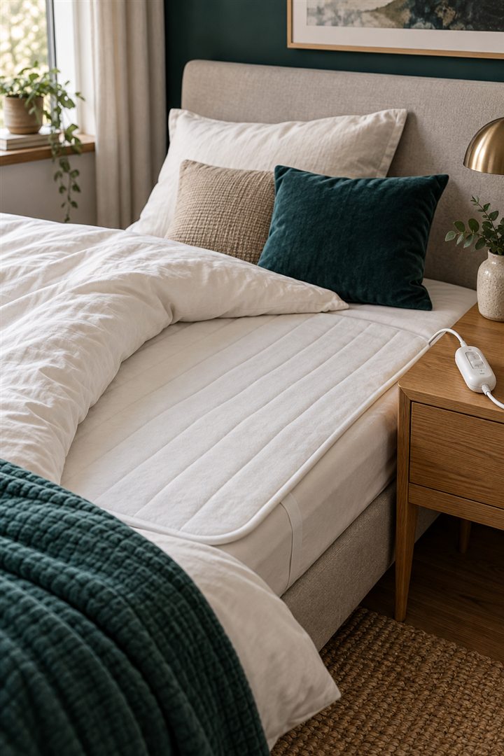 Elektrische onderdeken met bediening op een opgemaakt bed