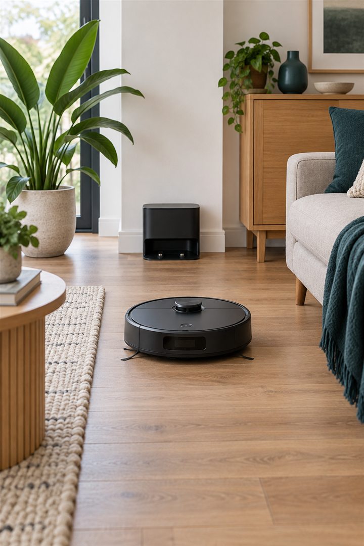 Robotstofzuiger met laadstation in een woonkamer