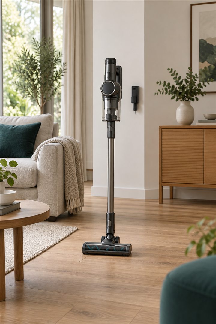 Steelstofzuiger klaar voor gebruik in een woonkamer