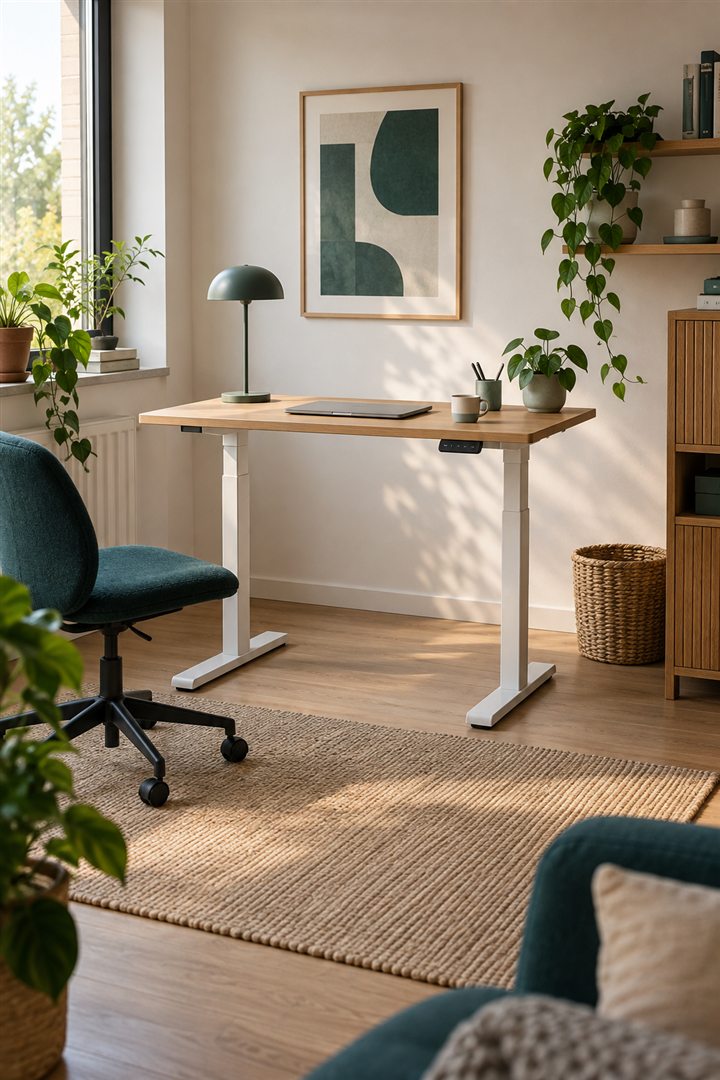 Compact zit-sta bureau in een rustige thuiswerkplek