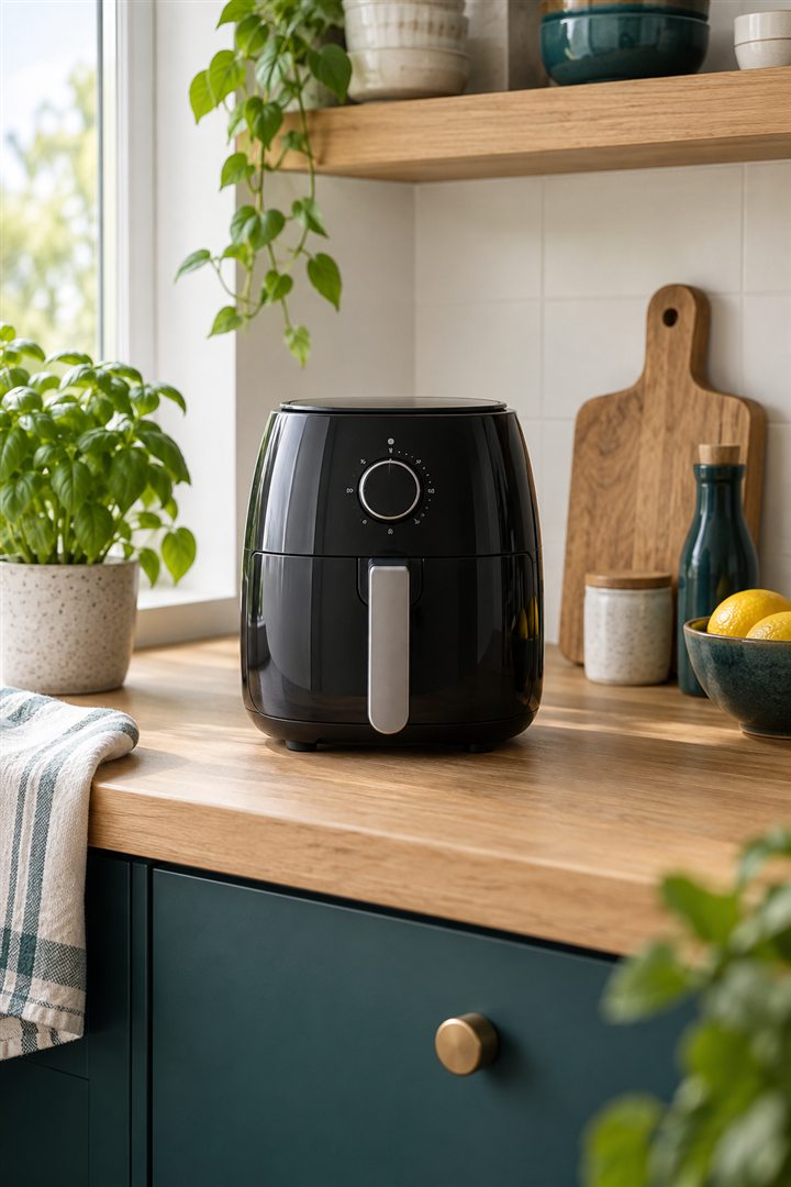 Compacte airfryer op een klein keukenwerkblad