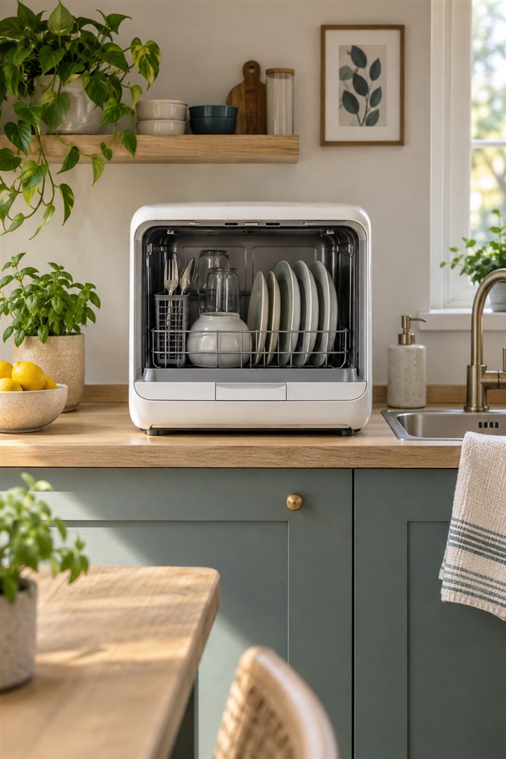 Mini-vaatwasser met servies op een compact keukenwerkblad