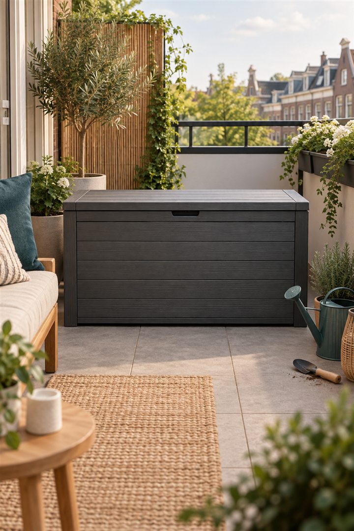 Buitenopbergbox op een compact Nederlands balkon
