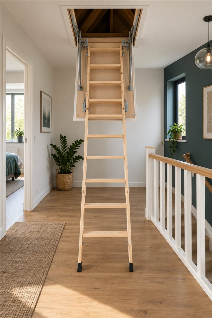 Uitgeklapte houten vlizotrap onder een plafondluik